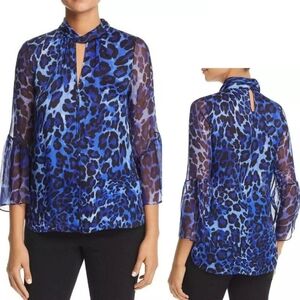 Elie Tahari Laraib Blue Animal Print Silk Sheer Chiffon Blouse Womens Small